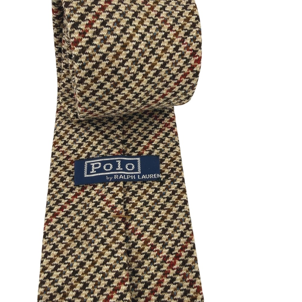 Vintage Polo Ralph Lauren Mens Brown Tan Houndstooth Wool Blend Necktie USA